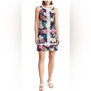 Eliza J Navy Floral Dress with Pink and Green Accents